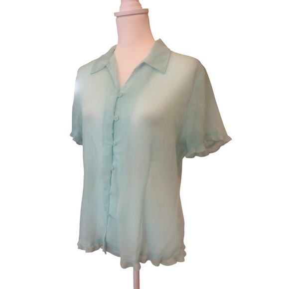 NOTATIONS sheer TURQUOISE RUFFLED button up top womens size large - Picture 1 of 8
